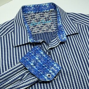 Robert Graham Large Classic Fit Flip Cuff Shirt Blue/ White Stripe Embroidered
